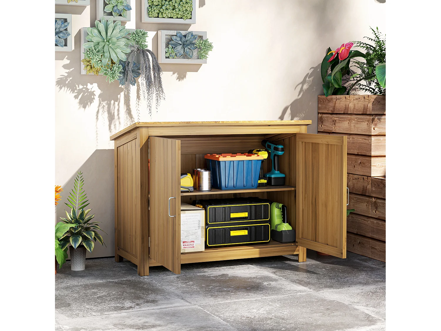 Armoire de jardin en bois - 2 portes, étagère - dim. 110 x 50 x 85 cm