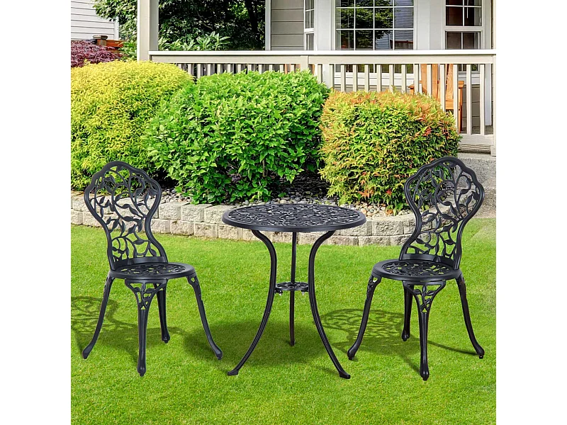 Ensemble salon de jardin 2 places avec table ronde style rétro fonte alu noir