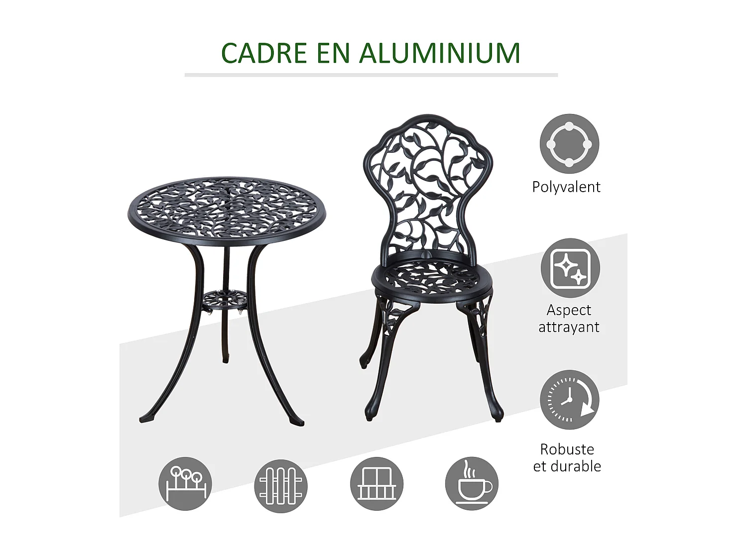 Ensemble salon de jardin 2 places avec table ronde style rétro fonte alu noir