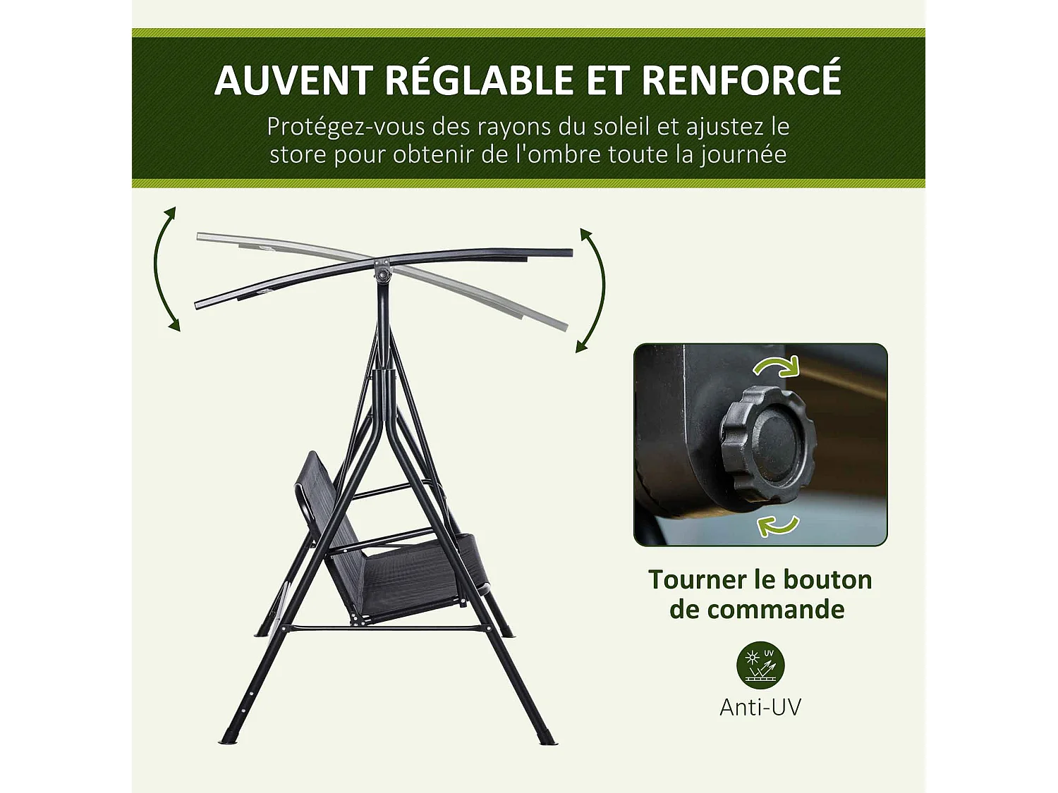 Balancelle de jardin 2 places - toit inclinaison réglable - acier textilène noir