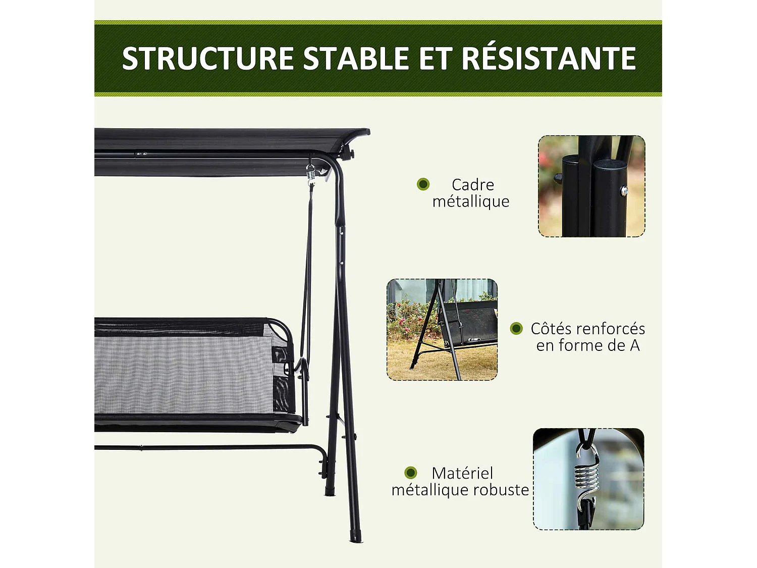 Balancelle de jardin 2 places - toit inclinaison réglable - acier textilène noir