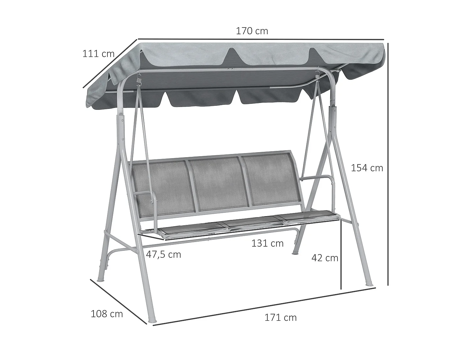 Balancelle de jardin 3 places grand confort toit imperméabilisé inclinaison réglable assise et dossier ergonomique acier textilène gris clair