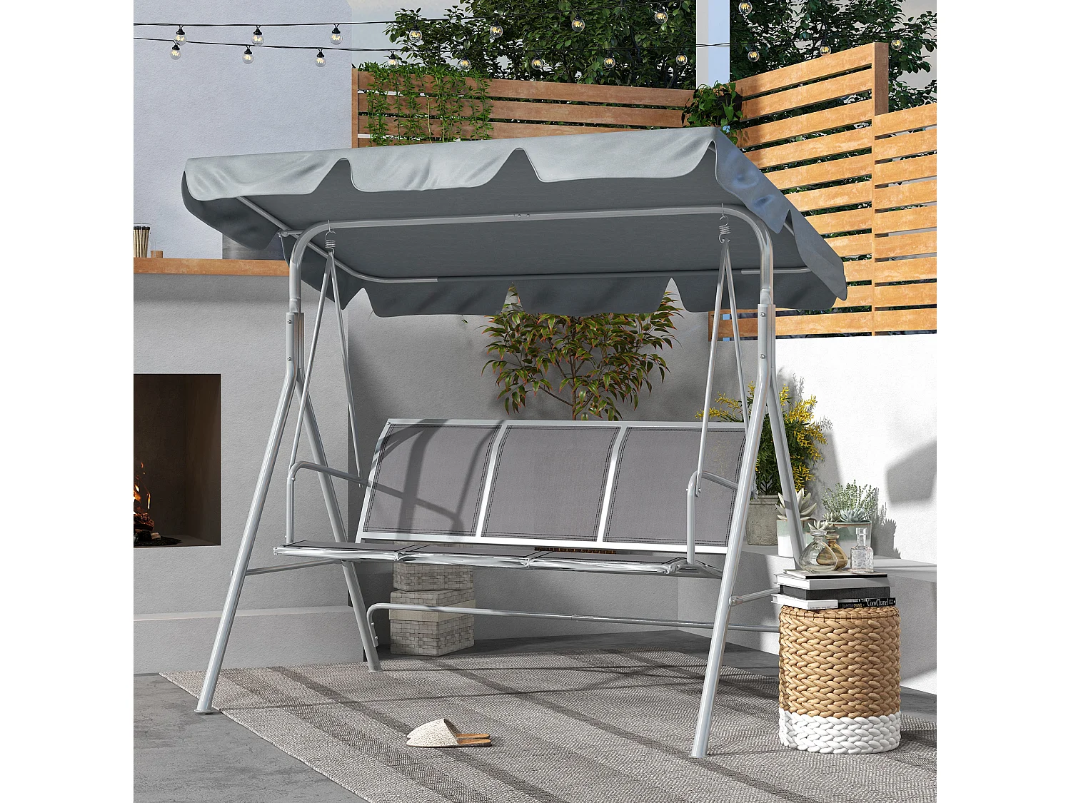 Balancelle de jardin 3 places grand confort toit imperméabilisé inclinaison réglable assise et dossier ergonomique acier textilène gris clair