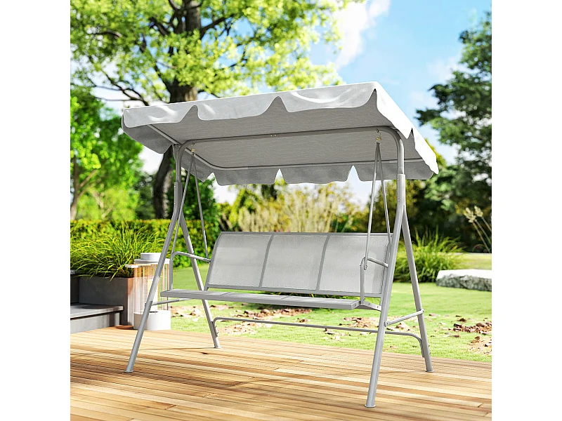 Balancelle de jardin 3 places grand confort toit imperméabilisé inclinaison réglable assise et dossier ergonomique acier textilène gris clair