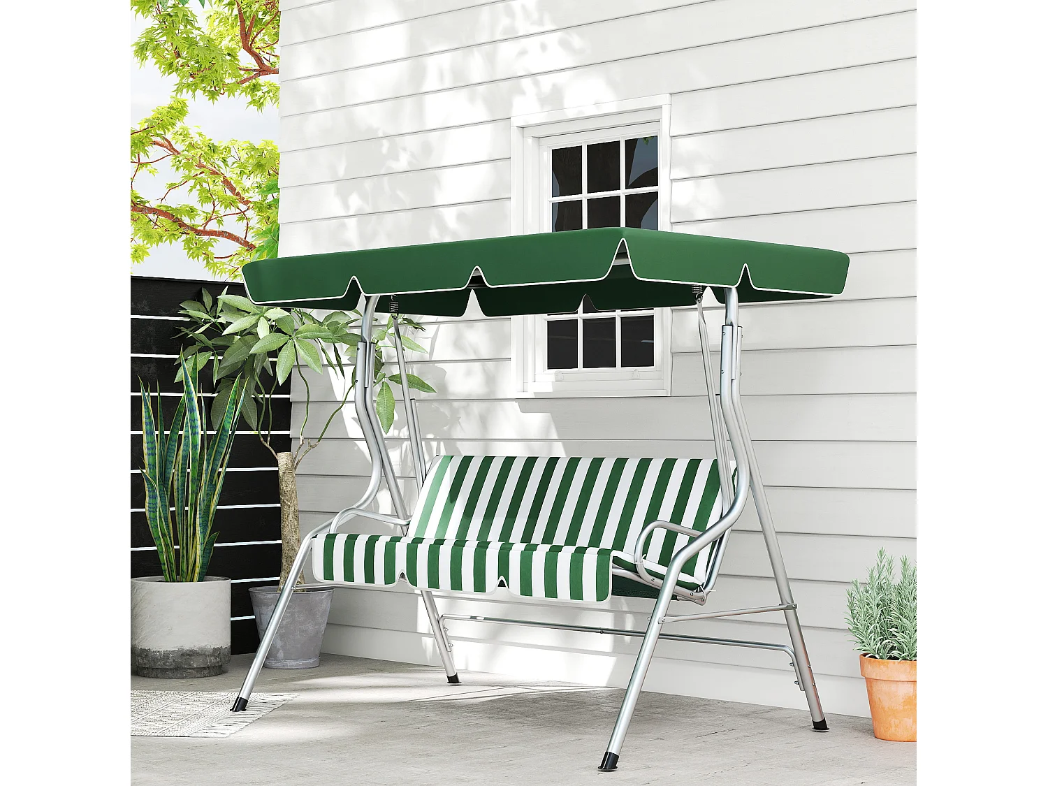 Balancelle de jardin 3 places - toit inclinaison réglable - coussins assise et dossier - gris blanc vert