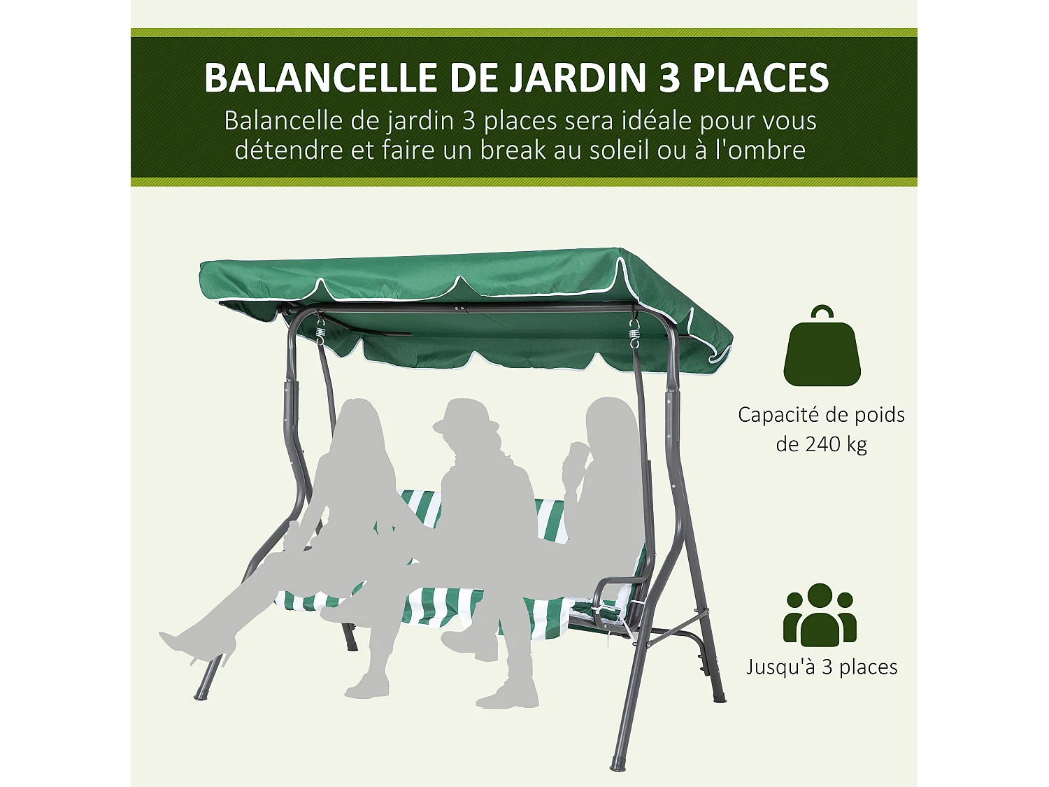 Balancelle de jardin 3 places - toit inclinaison réglable - coussins assise et dossier - gris blanc vert