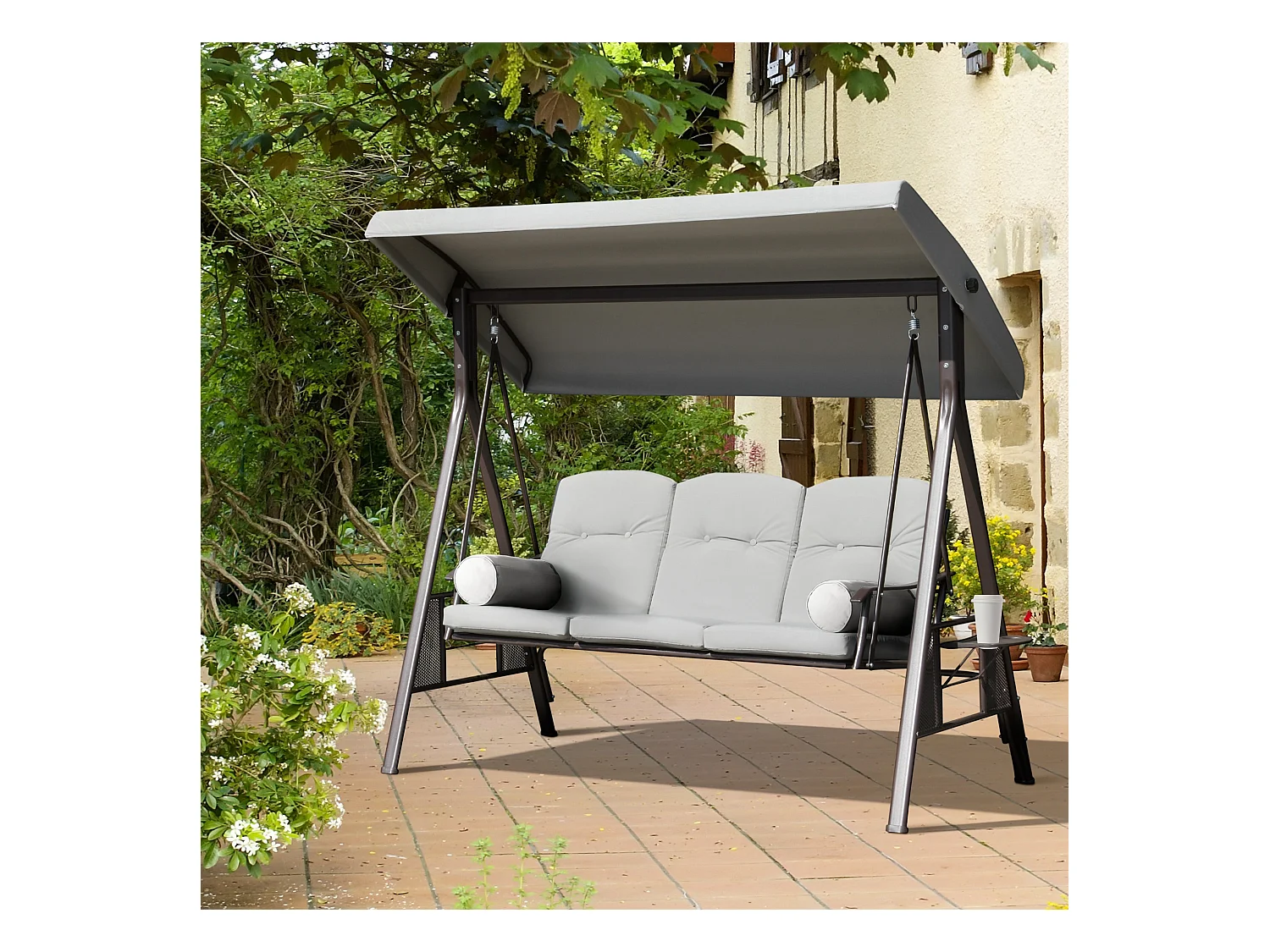 Balancelle de jardin 3 places grand confort toit inclinaison réglable coussins plateaux rétractables polyester filé gris