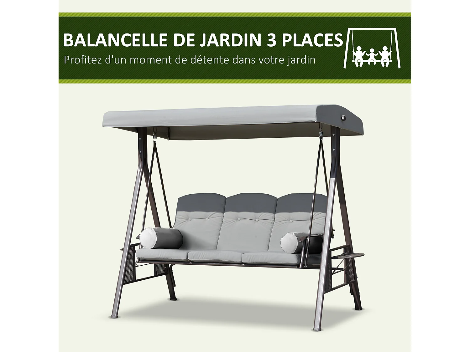 Balancelle de jardin 3 places grand confort toit inclinaison réglable coussins plateaux rétractables polyester filé gris