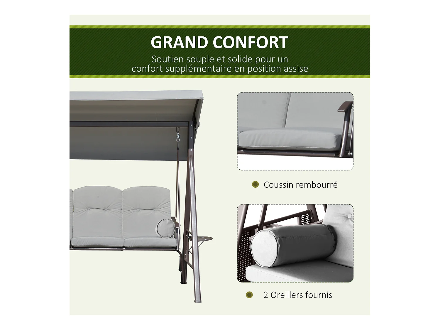 Balancelle de jardin 3 places grand confort toit inclinaison réglable coussins plateaux rétractables polyester filé gris