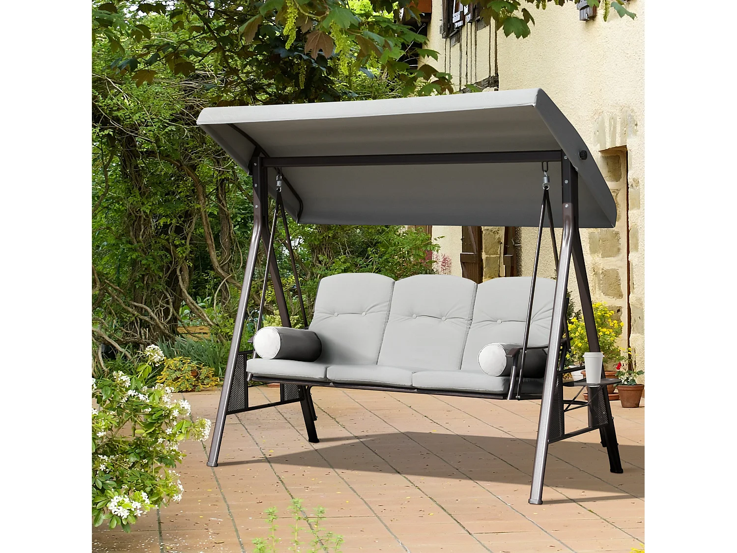 Balancelle de jardin 3 places grand confort toit inclinaison réglable coussins plateaux rétractables polyester filé gris