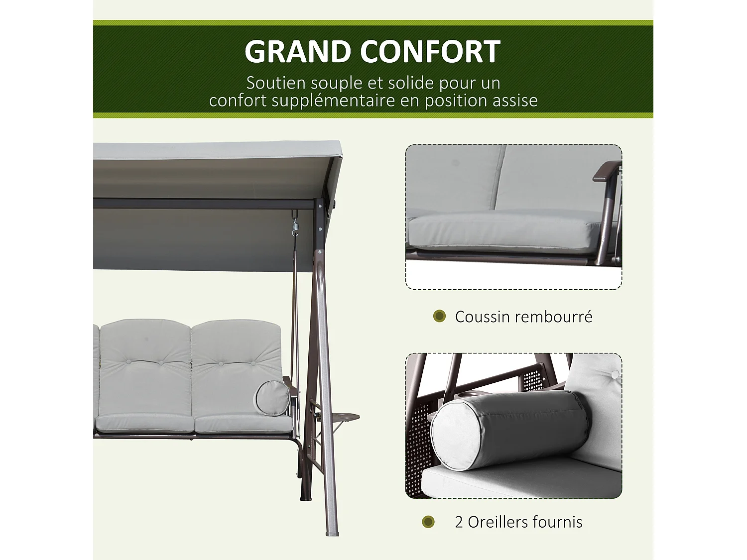 Balancelle de jardin 3 places grand confort toit inclinaison réglable coussins plateaux rétractables polyester filé gris