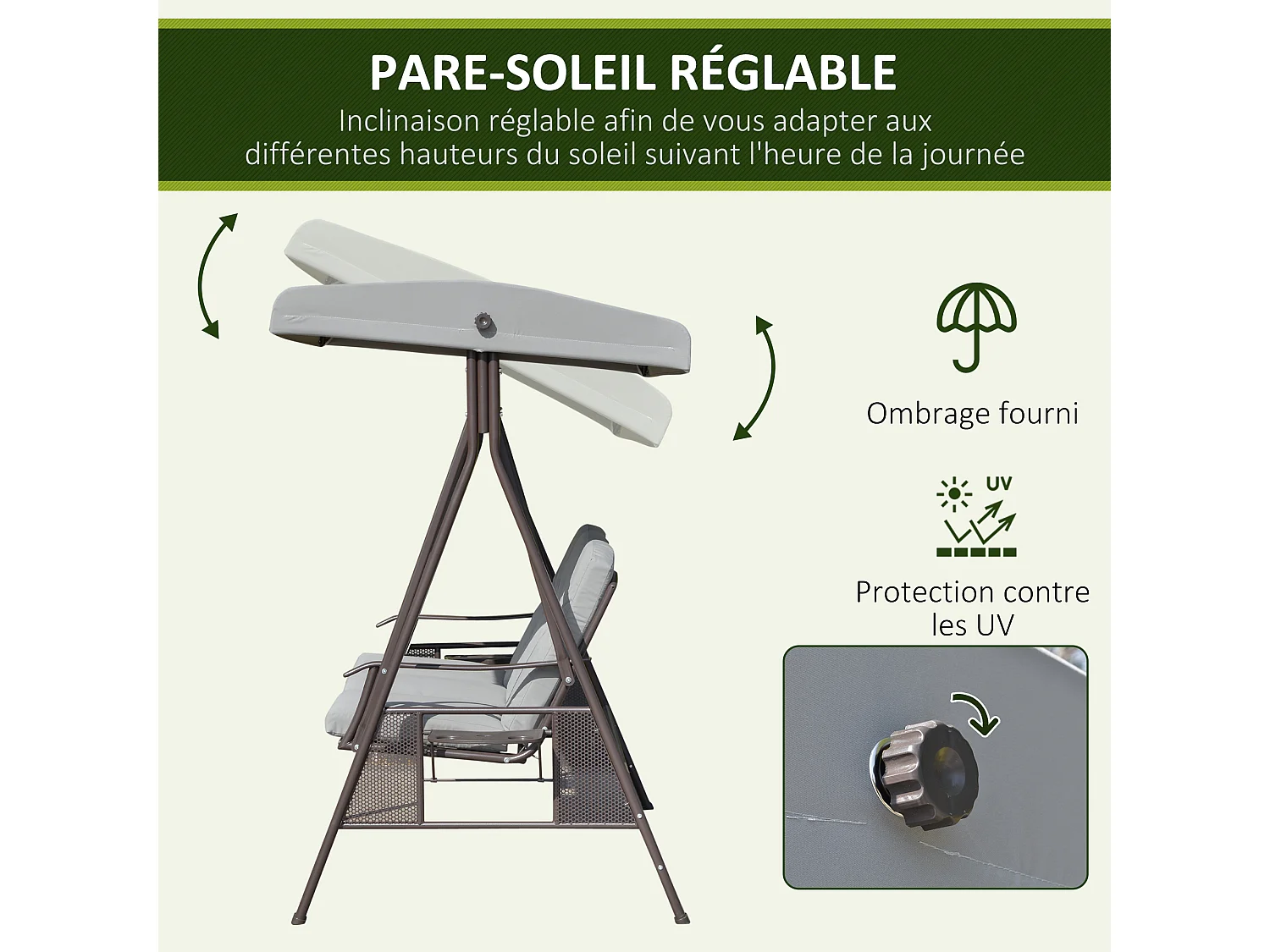 Balancelle de jardin 3 places grand confort toit inclinaison réglable coussins plateaux rétractables polyester filé gris