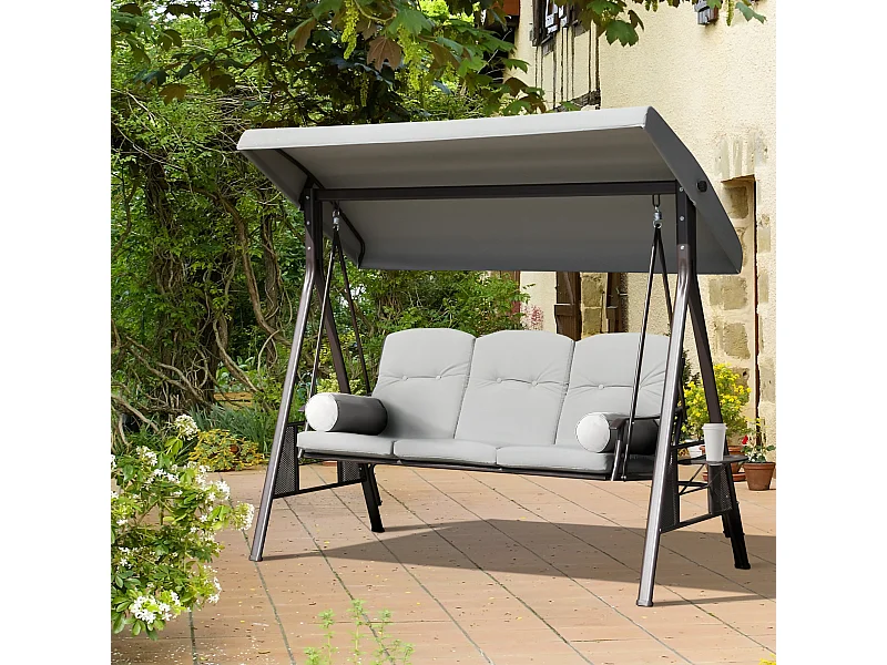 Balancelle de jardin 3 places grand confort toit inclinaison réglable coussins plateaux rétractables polyester filé gris