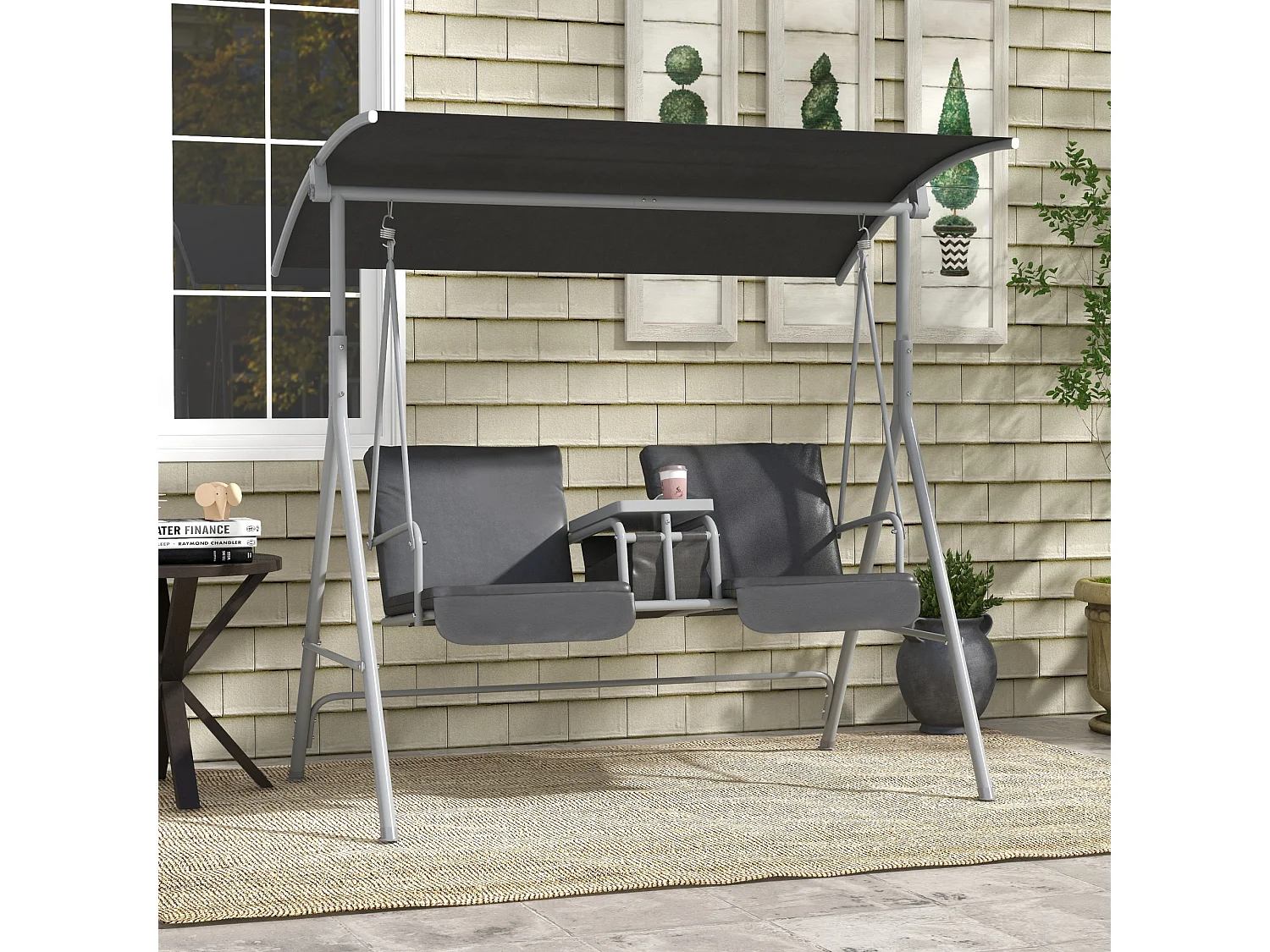 Balancelle design de jardin 2 places inclinaison toit réglable tablette porte-gobelet rangement métal gris