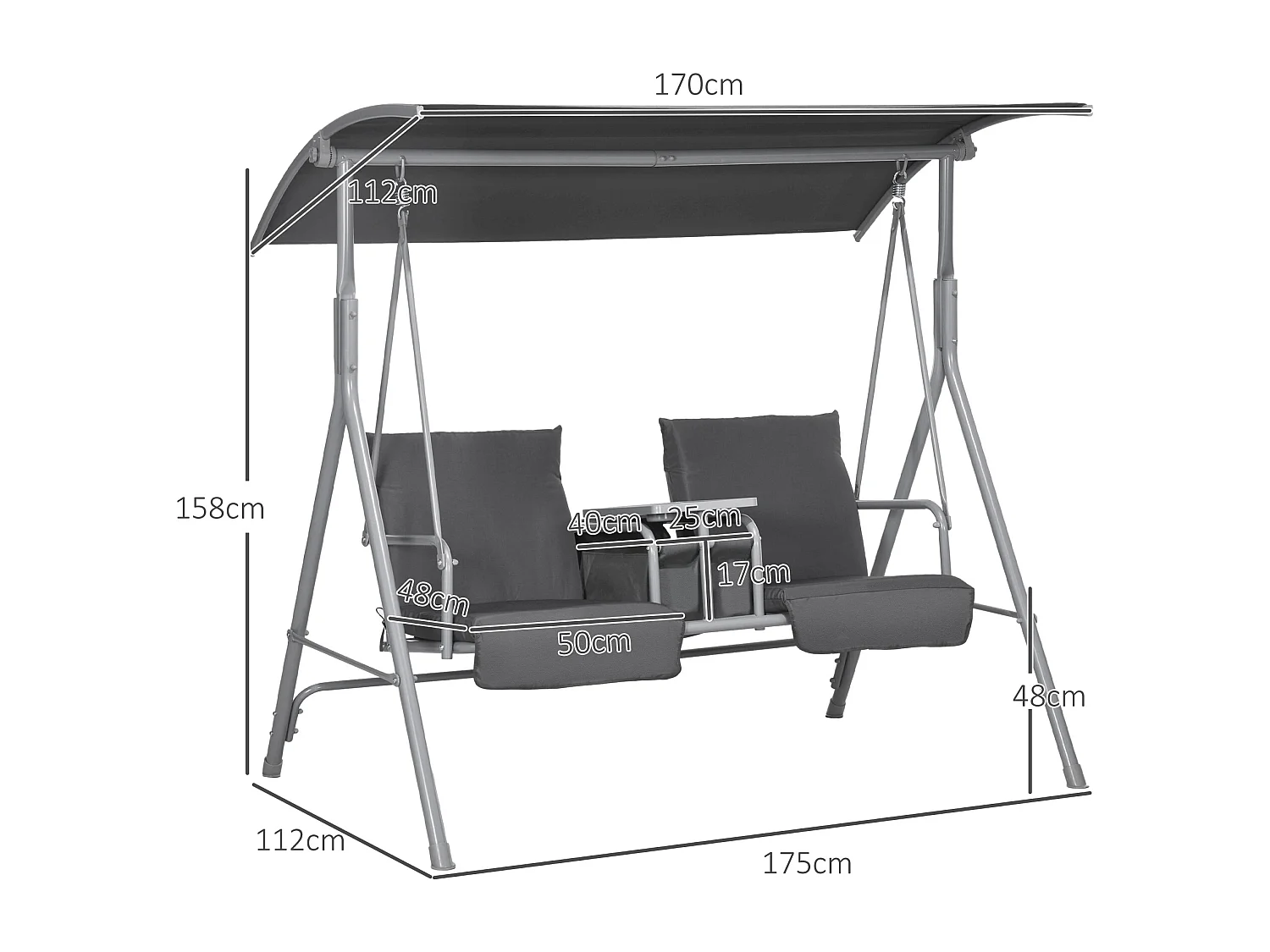 Balancelle design de jardin 2 places inclinaison toit réglable tablette porte-gobelet rangement métal gris