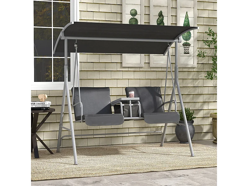 Balancelle design de jardin 2 places inclinaison toit réglable tablette porte-gobelet rangement métal gris