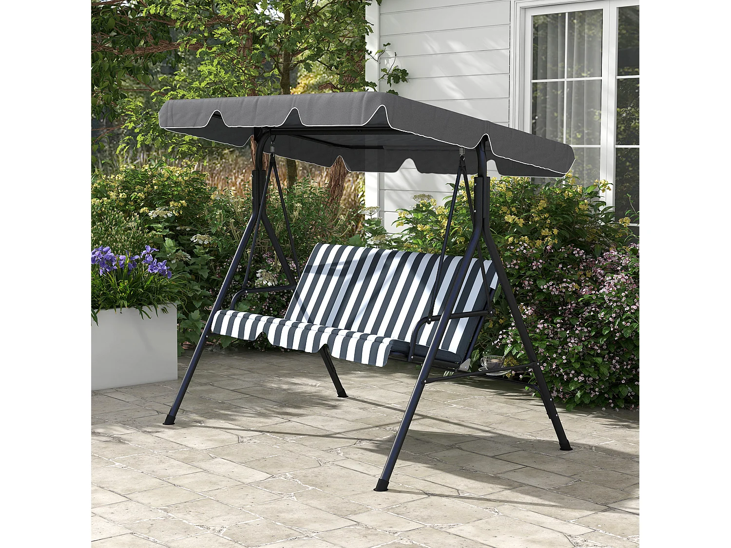 Balancelle de jardin 3 places toit réglable acier polyester blanc gris rayé