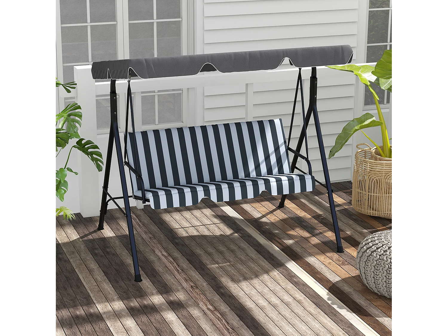 Balancelle de jardin 3 places toit réglable acier polyester blanc gris rayé