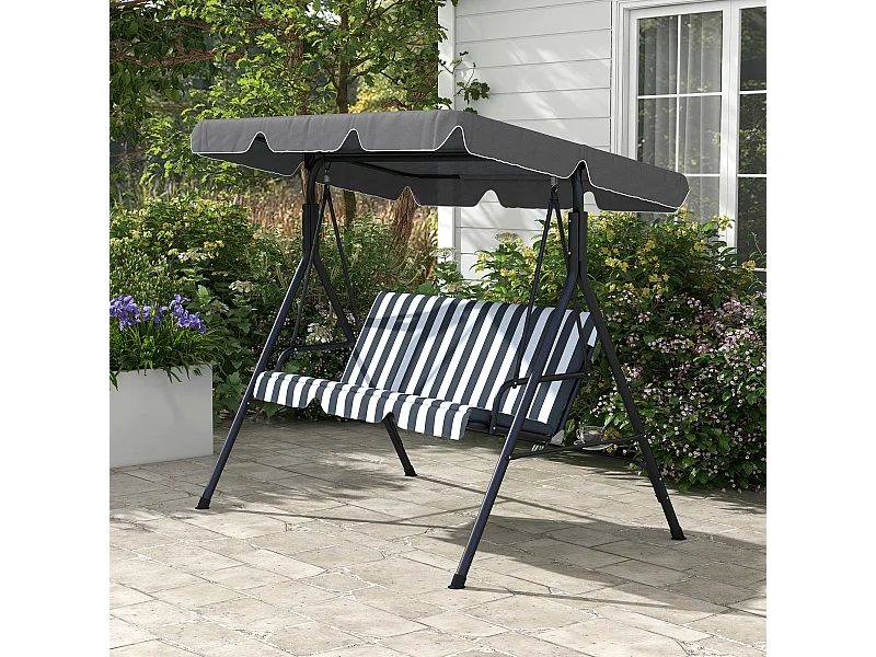 Balancelle de jardin 3 places toit réglable acier polyester blanc gris rayé