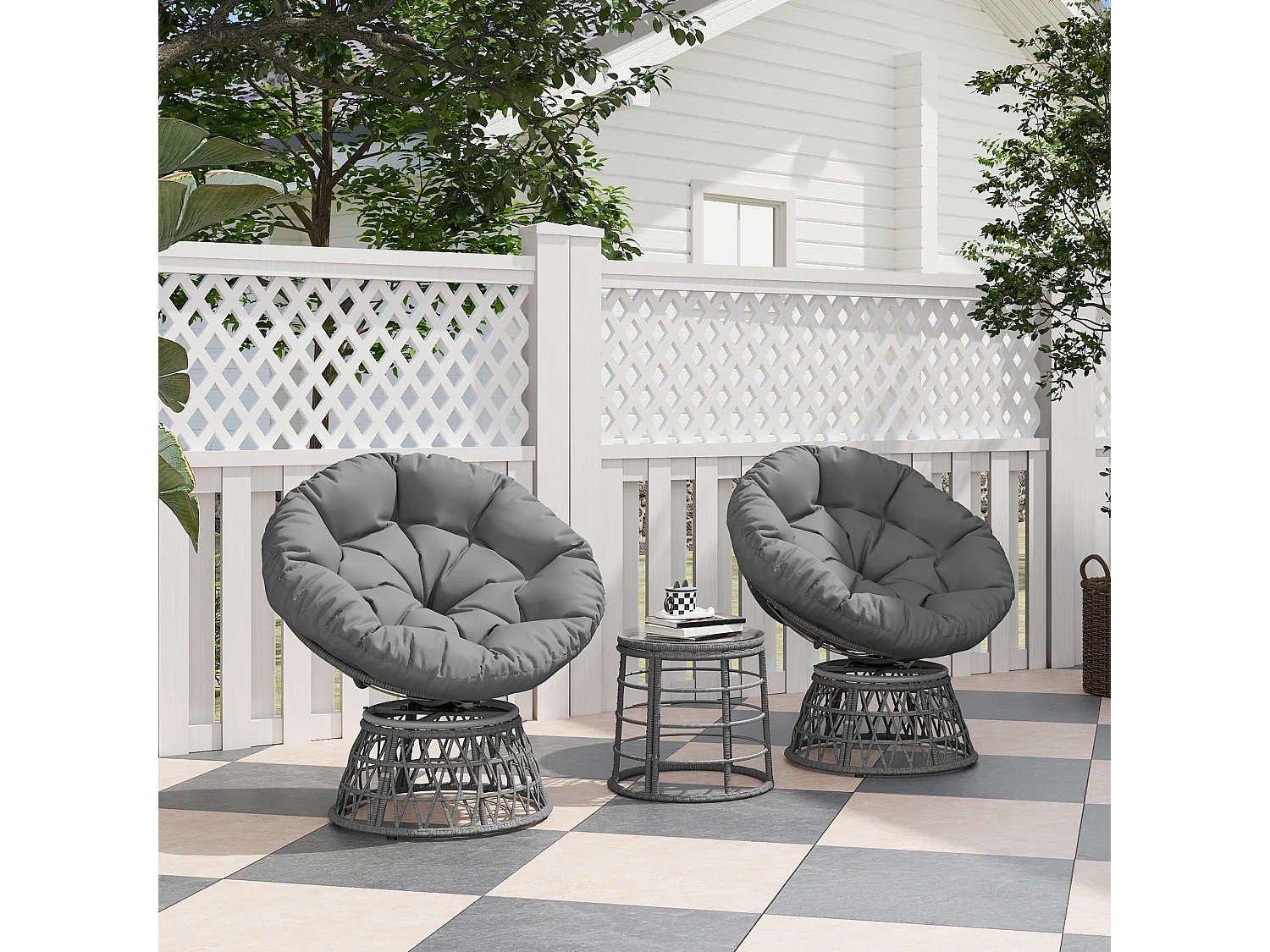 Ensemble salon de jardin 3 pcs - 2 fauteuils papasan, table basse - 2 grands coussins inclus - résine grise