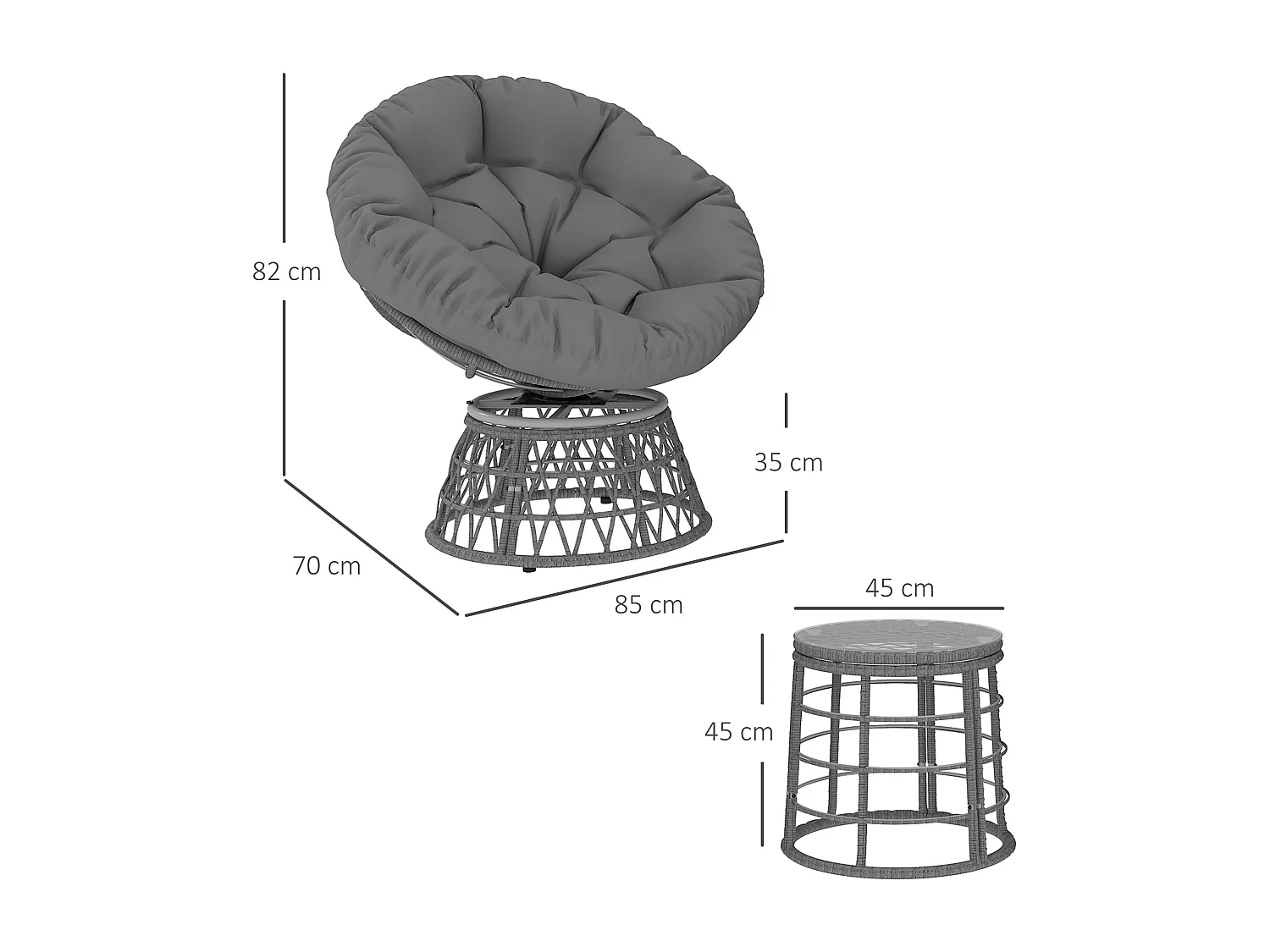 Ensemble salon de jardin 3 pcs - 2 fauteuils papasan, table basse - 2 grands coussins inclus - résine grise