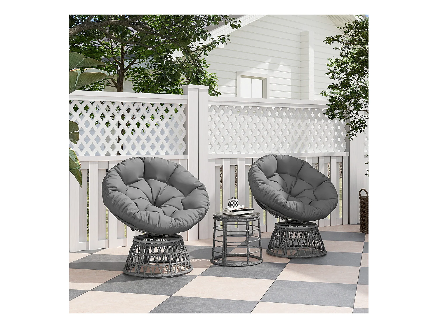 Ensemble salon de jardin 3 pcs - 2 fauteuils papasan, table basse - 2 grands coussins inclus - résine grise