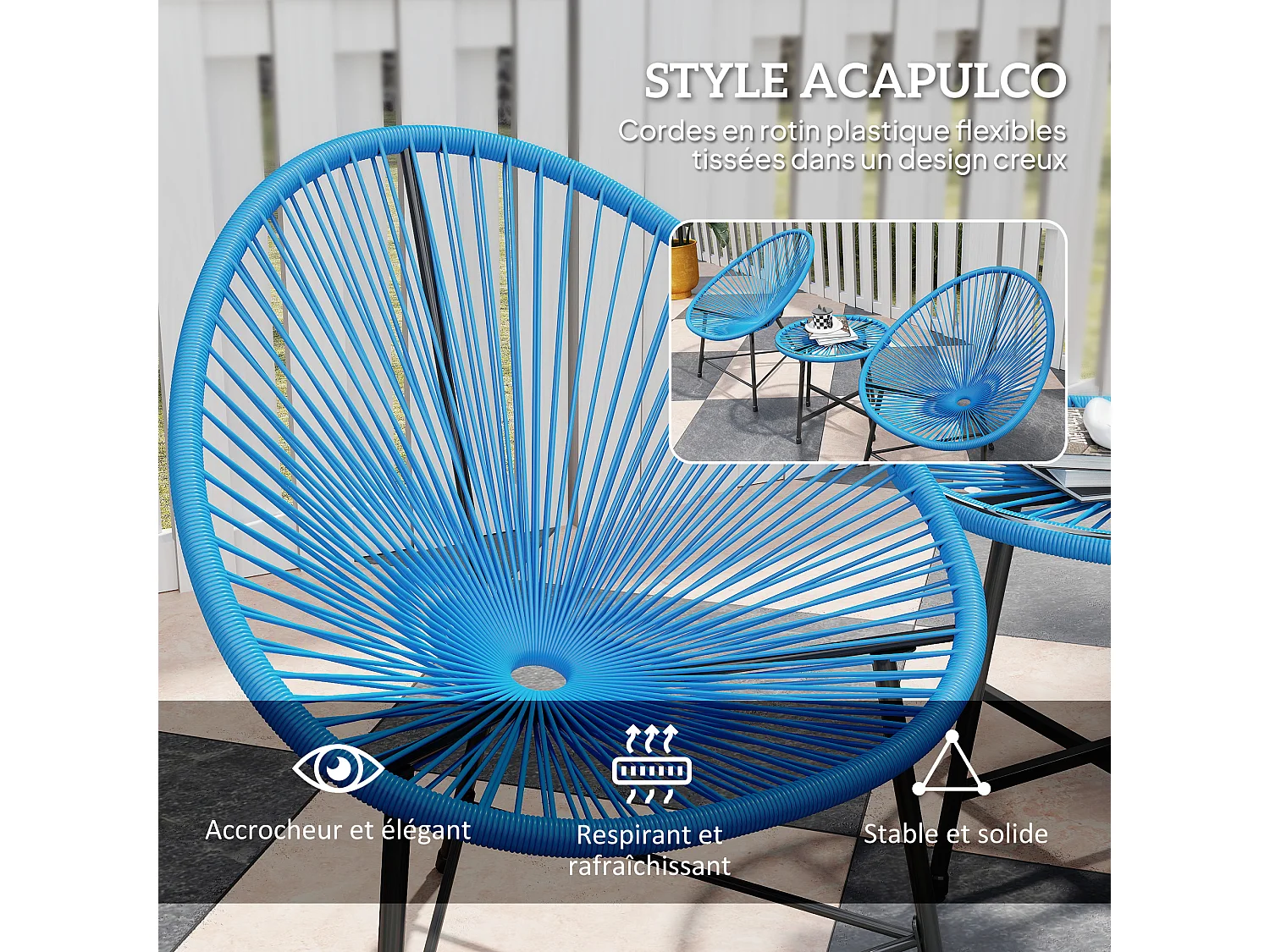 Salon de jardin 3 pcs 2 places design Acapulco plateau verre trempé acier noir résine filaire bleu