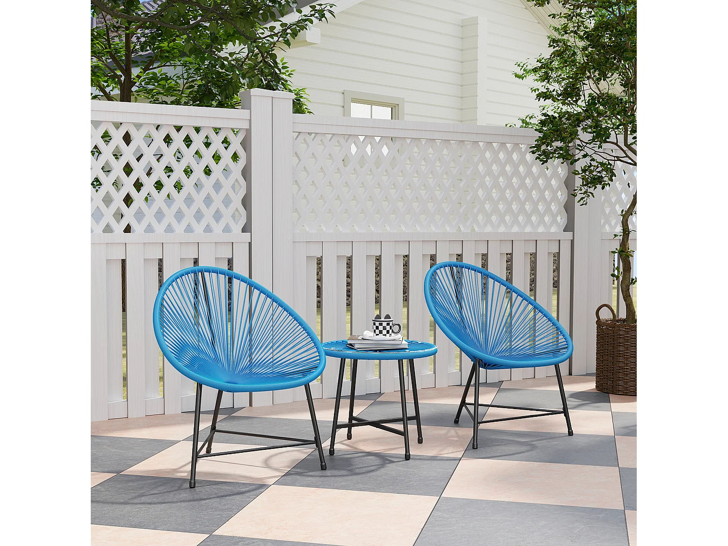 Salon de jardin 3 pcs 2 places design Acapulco plateau verre trempé acier noir résine filaire bleu