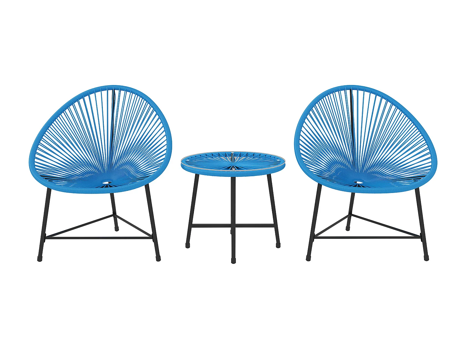 Salon de jardin 3 pcs 2 places design Acapulco plateau verre trempé acier noir résine filaire bleu