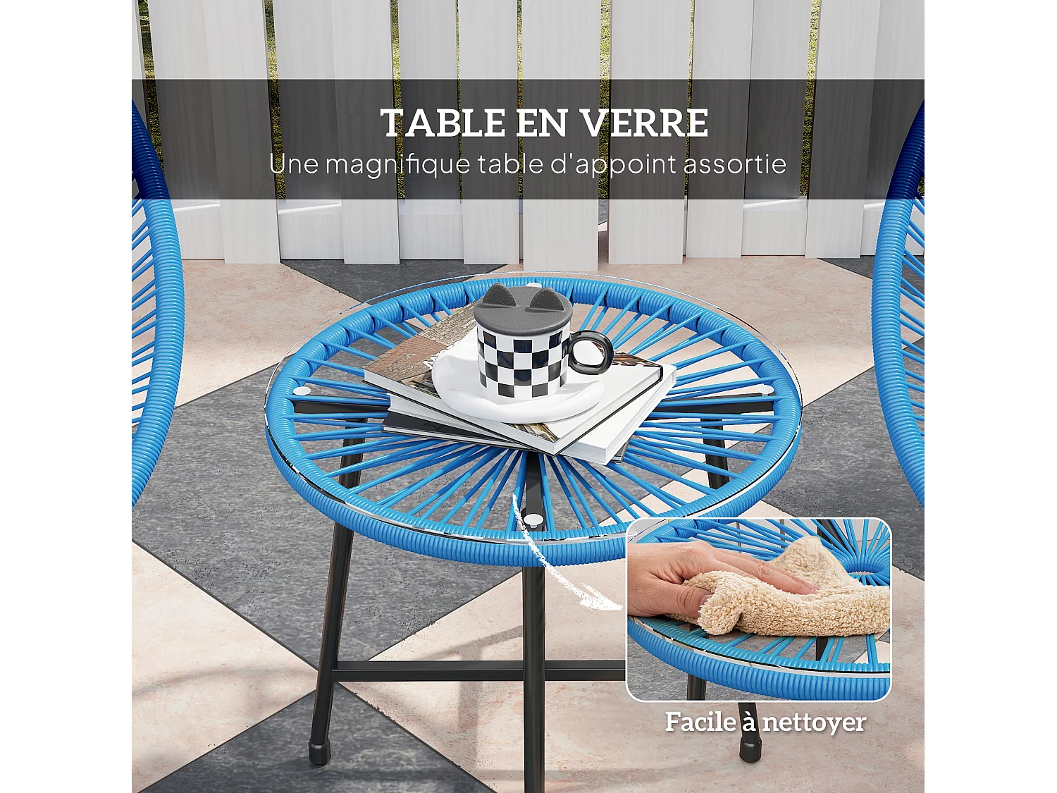 Salon de jardin 3 pcs 2 places design Acapulco plateau verre trempé acier noir résine filaire bleu