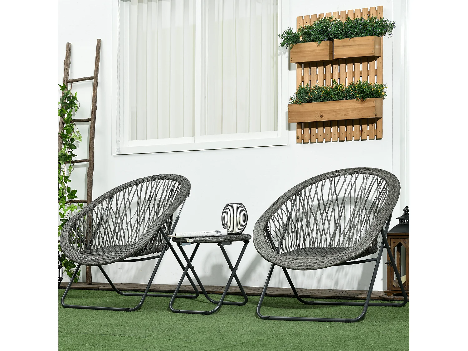 Ensemble bistro de jardin style Acapulco 3 pcs pliables - 2 fauteuils, table basse - acier résine tressée gris