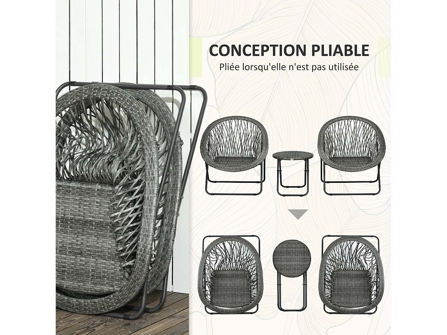 Ensemble bistro de jardin style Acapulco 3 pcs pliables - 2 fauteuils, table basse - acier résine tressée gris