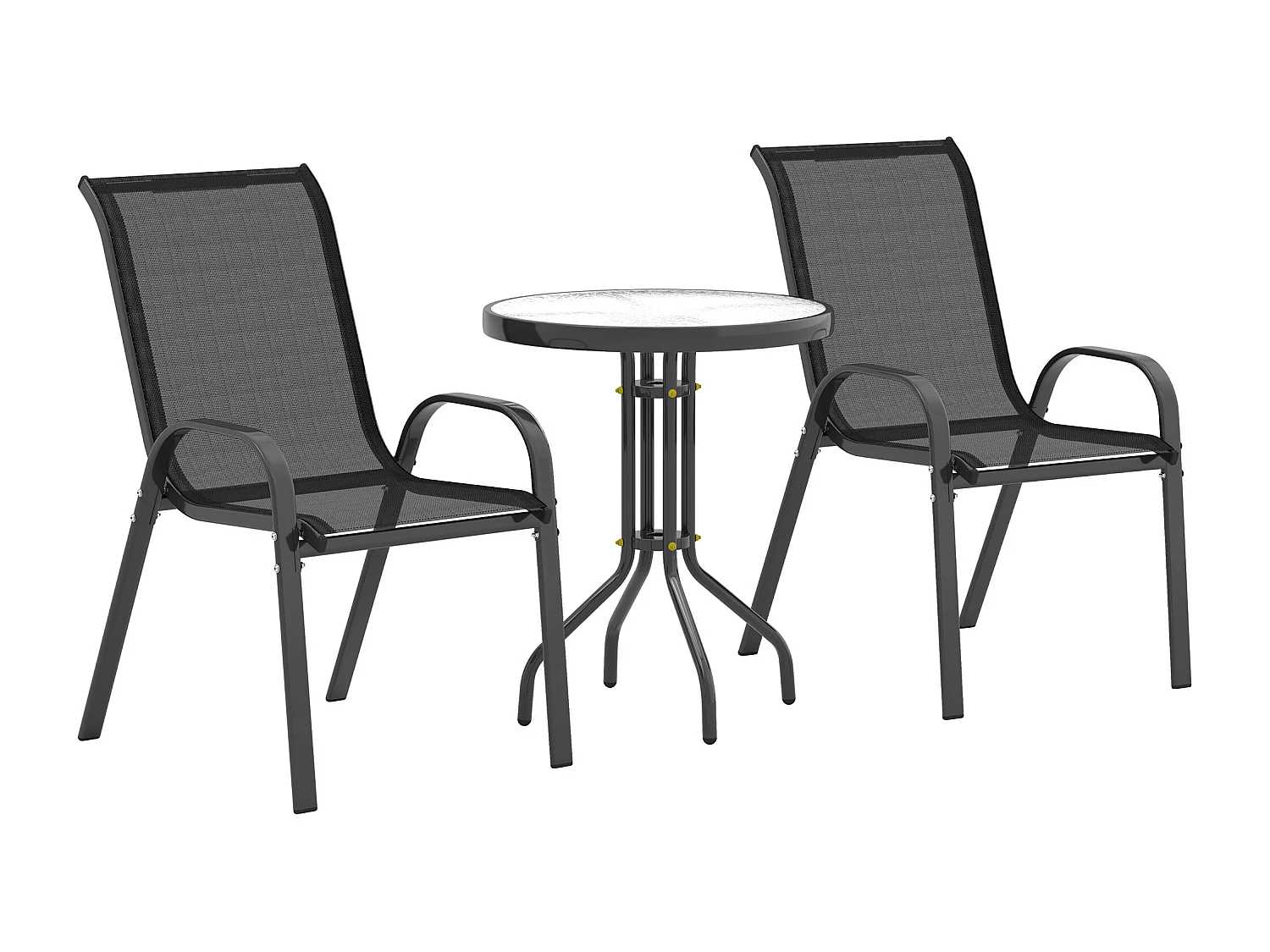 Ensemble bistro de jardin 3 pièces - 2 chaises, table ronde plateau verre - acier textilène noir