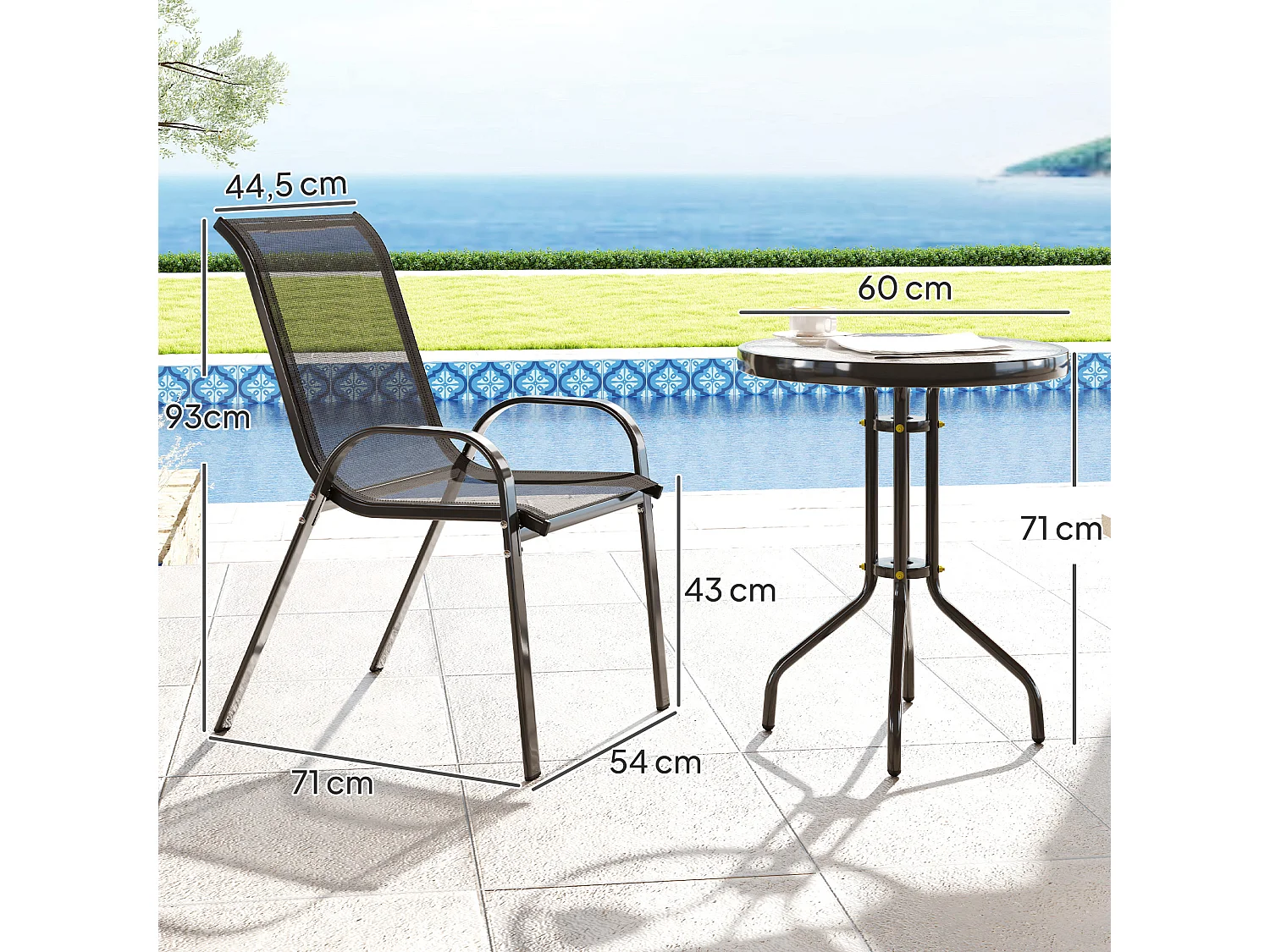 Ensemble bistro de jardin 3 pièces - 2 chaises, table ronde plateau verre - acier textilène noir