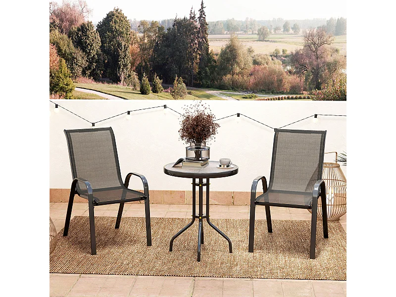 Ensemble bistro de jardin 3 pièces - 2 chaises, table ronde plateau verre - acier textilène noir