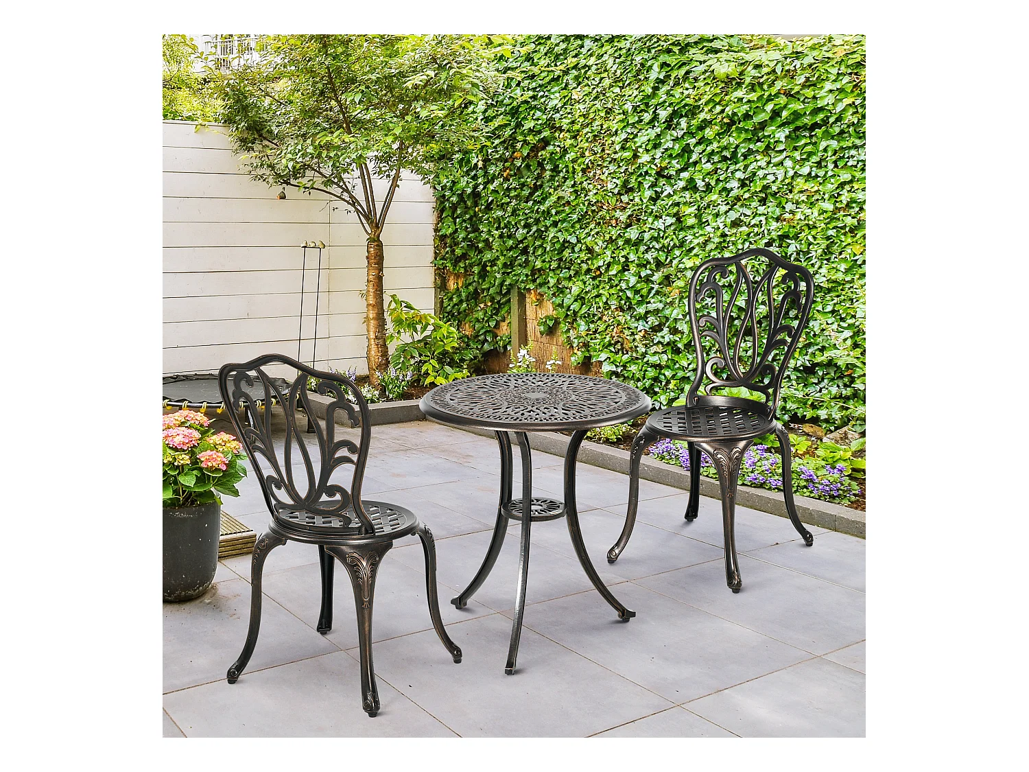 Ensemble salon de jardin 2 places avec table ronde style rétro fonte alu effet bronze antique