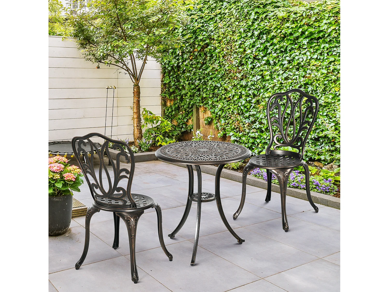 Ensemble salon de jardin 2 places avec table ronde style rétro fonte alu effet bronze antique