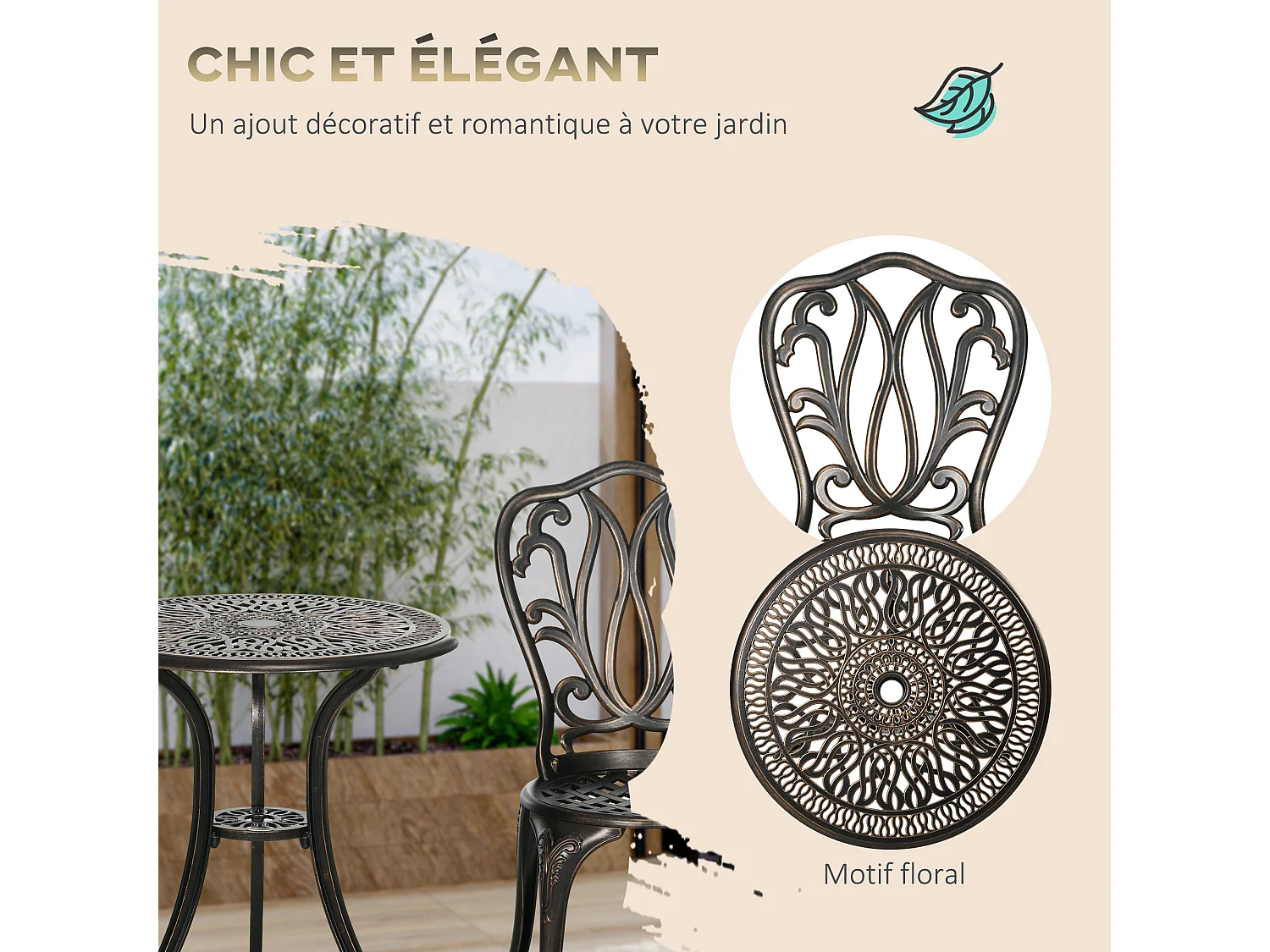 Ensemble salon de jardin 2 places avec table ronde style rétro fonte alu effet bronze antique