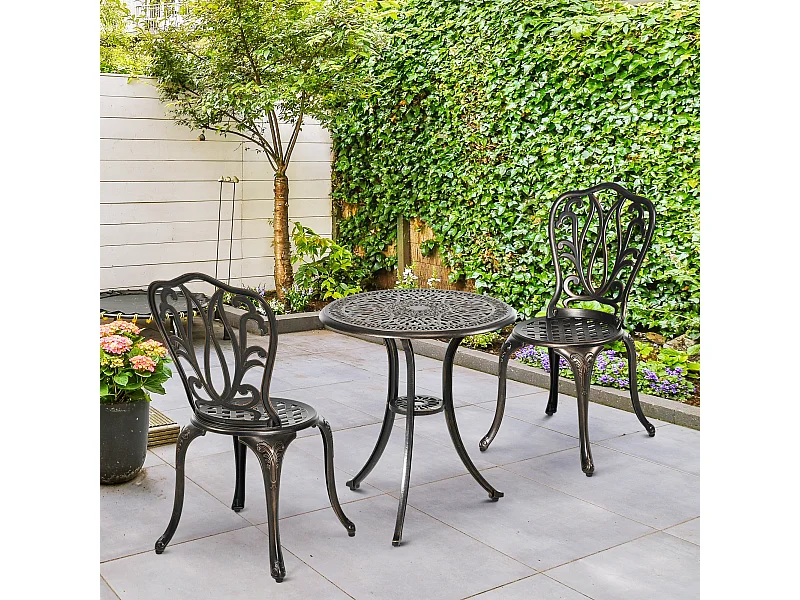 Ensemble salon de jardin 2 places avec table ronde style rétro fonte alu effet bronze antique