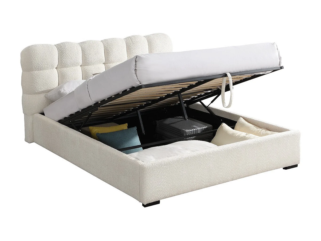 Lit coffre adulte 140x190 cm avec sommier et tête de lit capitonnée en tissu bouclé beige - Lola