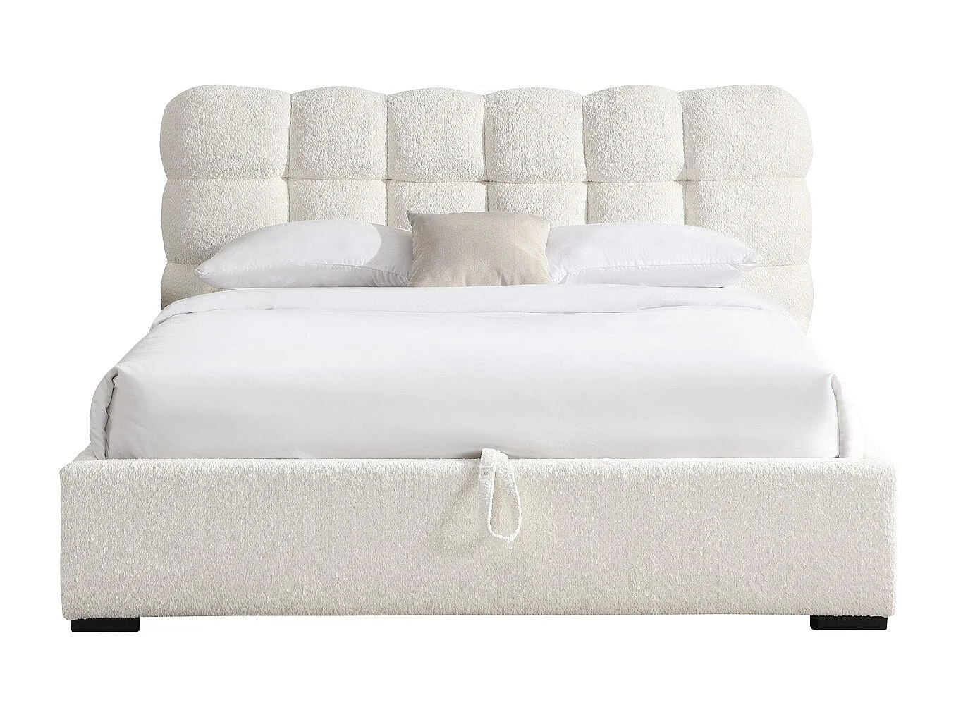 Lit coffre adulte 140x190 cm avec sommier et tête de lit capitonnée en tissu bouclé beige - Lola