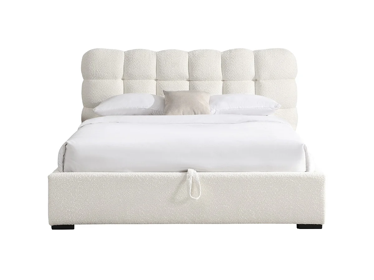 Lit coffre adulte 140x190 cm avec sommier et tête de lit capitonnée en tissu bouclé beige - Lola