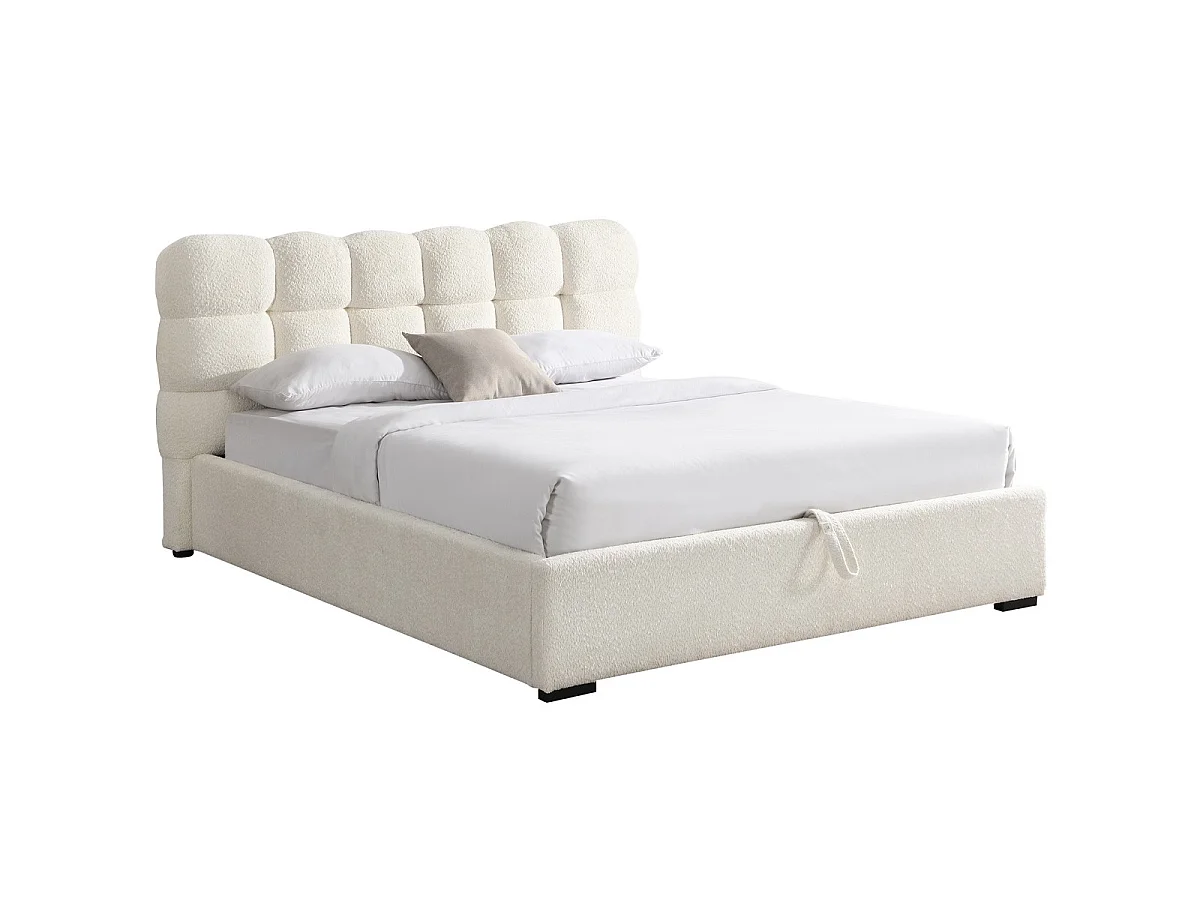 Lit coffre adulte 140x190 cm avec sommier et tête de lit capitonnée en tissu bouclé beige - Lola