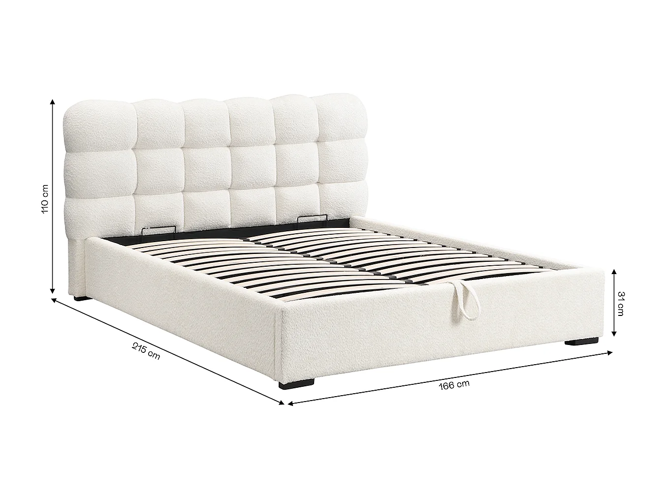Lit coffre adulte 140x190 cm avec sommier et tête de lit capitonnée en tissu bouclé beige - Lola