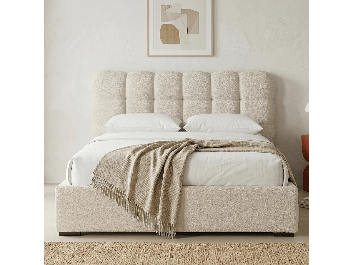 Lit coffre adulte 140x190 cm avec sommier et tête de lit capitonnée en tissu bouclé beige - Lola