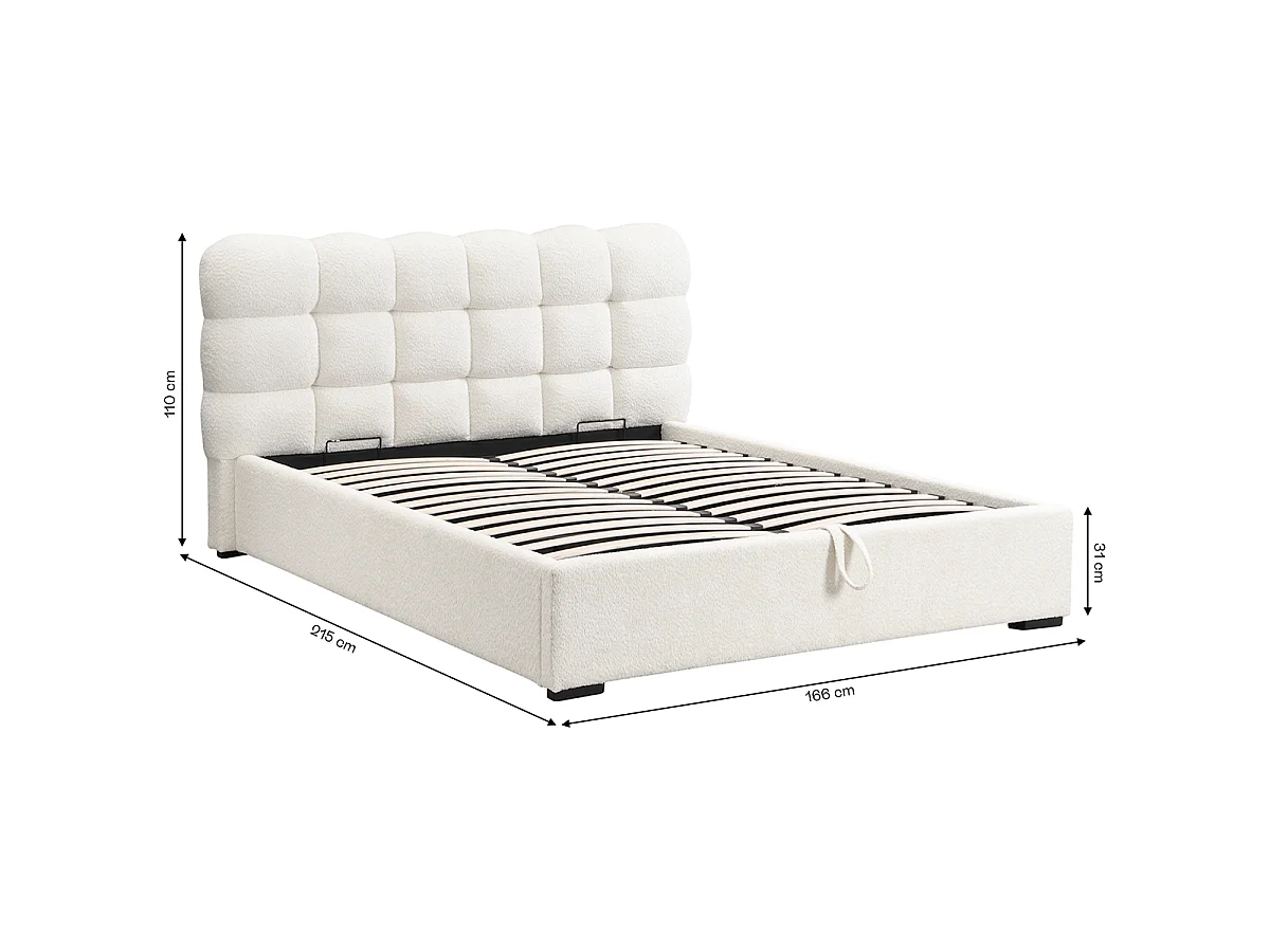 Lit coffre adulte 140x190 cm avec sommier et tête de lit capitonnée en tissu bouclé beige - Lola