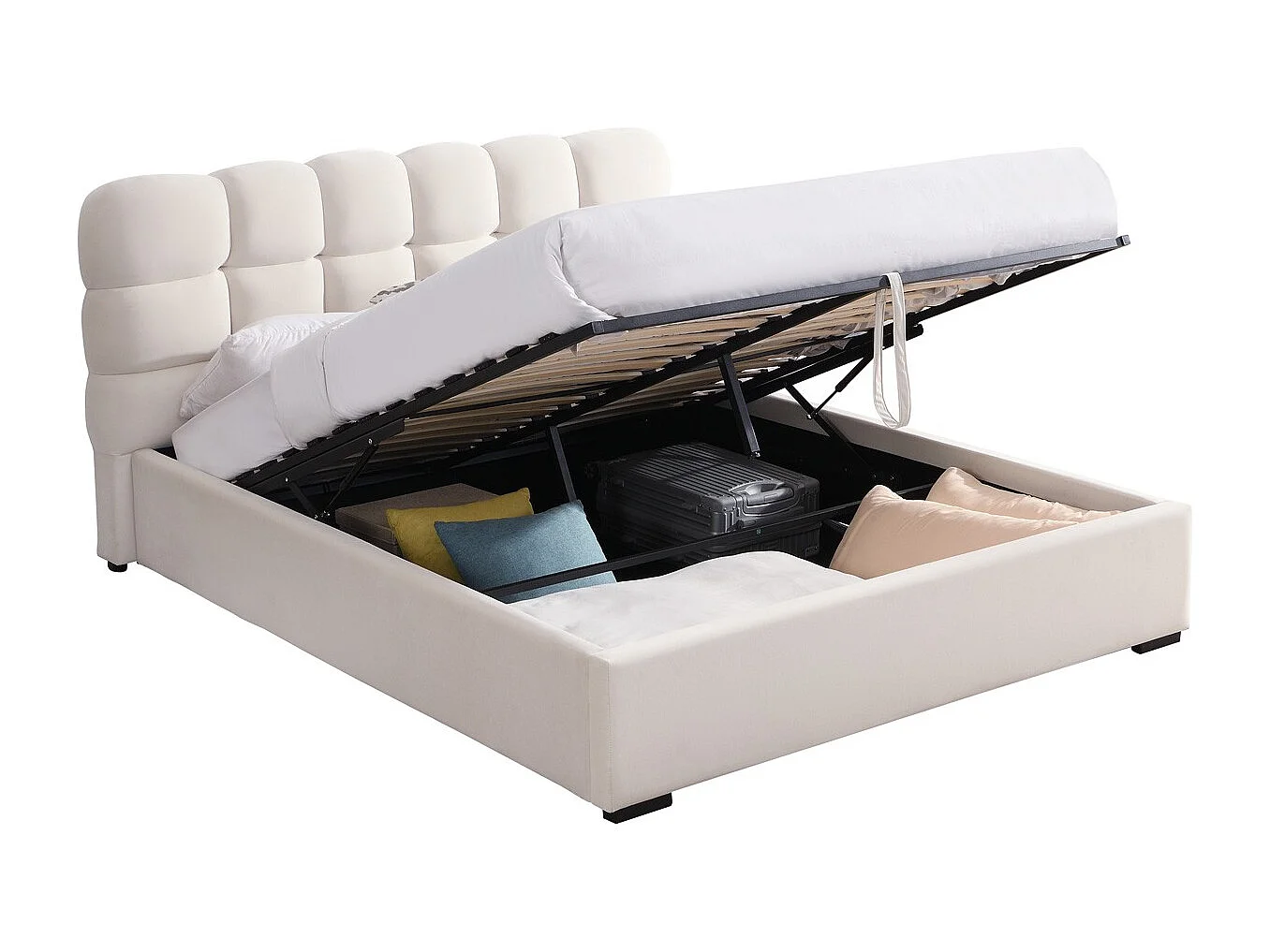 Lit coffre adulte 140x190 cm avec sommier et tête de lit capitonnée en velours beige - Lola