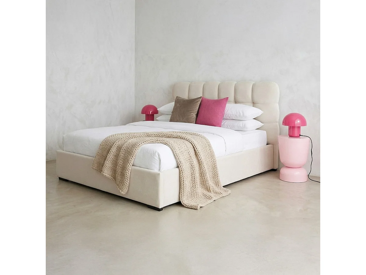 Lit coffre adulte 140x190 cm avec sommier et tête de lit capitonnée en velours beige - Lola