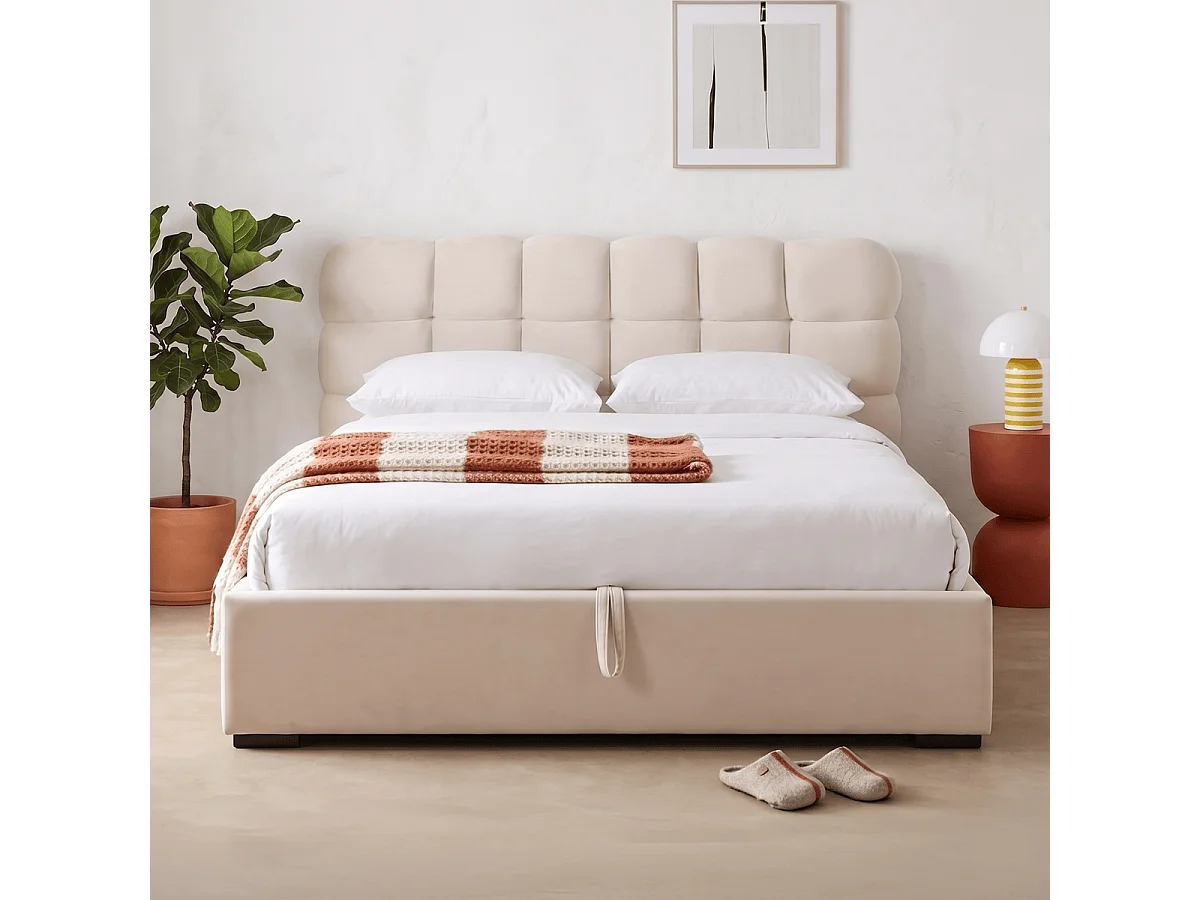 Lit coffre adulte 140x190 cm avec sommier et tête de lit capitonnée en velours beige - Lola