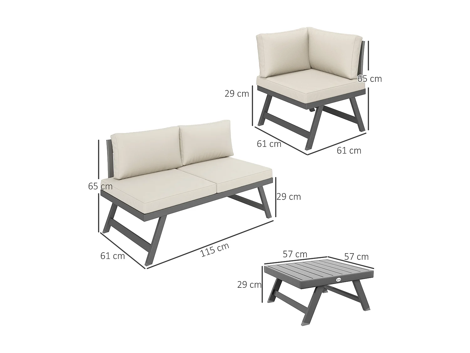 Ensemble salon de jardin modulable 5 personnes 4 pièces design alu gris coussins beige